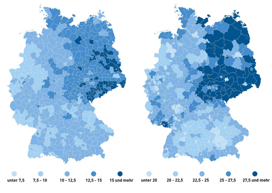 Bevölkerung 65 Jahre und älter je 100 Einwohner – BRD 1961/DDR 1964 und Deutschland 2024. Bild: BiB/BKG Bevölkerung 65 Jahre und älter je 100 Einwohner – BRD 1961/DDR 1964 und Deutschland 2024. Quelle: Kartengrundlage BKG VG-Hist/GeoBasis-DE © BKG (2026) CC BY 4.0, Datenquellen: https://sgx.geodatenzentrum.de/web_public/gdz/datenquellen/datenquellen_vg-hist.pdf. Bevölkerungsdaten: Bevölkerung Deutschland 2024 Statistische Ämter des Bundes und der Länder, BRD VZ 1961 GESIS ZA472, DDR VZ 1964; StBA 1994: Sonderreihe mit Beiträgen für das Gebiet der ehemaligen DDR Bd. 15. Bearbeitung und Kartographie: BiB