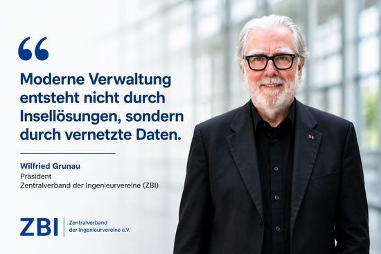 Moderne Verwaltung entsteht nicht durch Insellösungen, sondern durch vernetzte Daten", sagt ZBI-Präsident Wilfried Grunau „Eine moderne Verwaltung braucht keine digitalen Insellösungen. Erst das Zusammenspiel von Grundbuch und Liegenschaftskataster schafft die Grundlage für schnellere Verfahren, höhere Datenqualität und weniger Bürokratie“, erklärt ZBI-Präsident Wilfried Grunau.