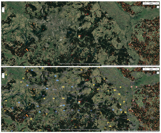 Satelliten-Aufnahmen der Region Berlin mit südlichem Umland – von Brandenburg/Havel bis nach Polen. | Quelle: Screenshot RADD Warnmelder | Copyright: CC-BY 4.0 RADD Europe