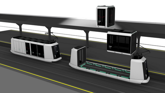 Visualisierung der „Rail-Carrier-Unit“ aus dem Pods4Rail-Projekt: Verladen von Kapseln für den Transport von Personen und Gütern auf Trägereinheiten für den Schienenverkehr. Bild: Pods4Rail project group, ©moodley Visualisierung der „Rail-Carrier-Unit“ aus dem Pods4Rail-Projekt: Verladen von Kapseln für den Transport von Personen und Gütern auf Trägereinheiten für den Schienenverkehr. Bild: Pods4Rail project group, ©moodley