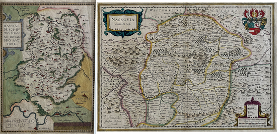 „Hassiae de Scriptio Ioanna Dryandro“ (um 1600) und „Nassovia Comitatus“ (um 1600). Quelle: HVBG „Hassiae de Scriptio Ioanna Dryandro“ (um 1600) und „Nassovia Comitatus“ (um 1600). Quelle: HVBG