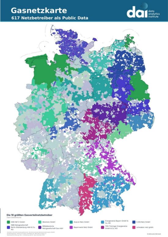 Gasnetzkarte. 617 Netzbetreiber als Public Data. Bild: dai data analytics institute AG