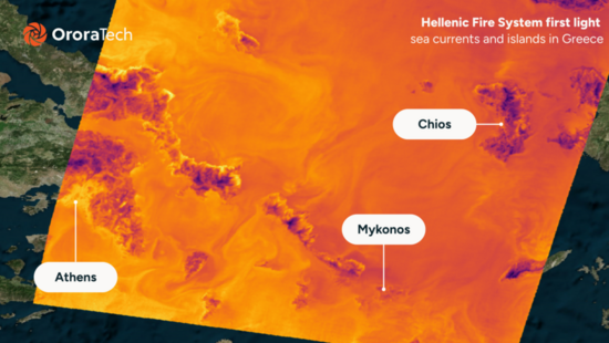 Das erste Bild des Hellenic Fire Systems, das die Ägäis in Griechenland zeigt. Bildquelle: OroraTech Das erste Bild des Hellenic Fire Systems, das die Ägäis in Griechenland zeigt. Bildquelle: OroraTech